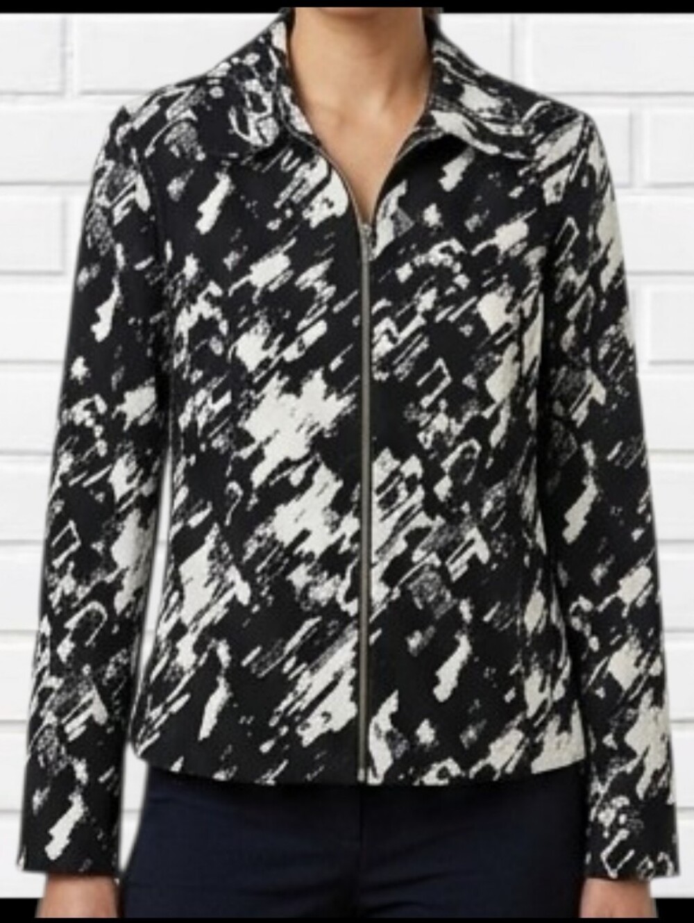 212 Collection Zip Jacket Womens Medium Black White Abstract Print Stretch Blaze